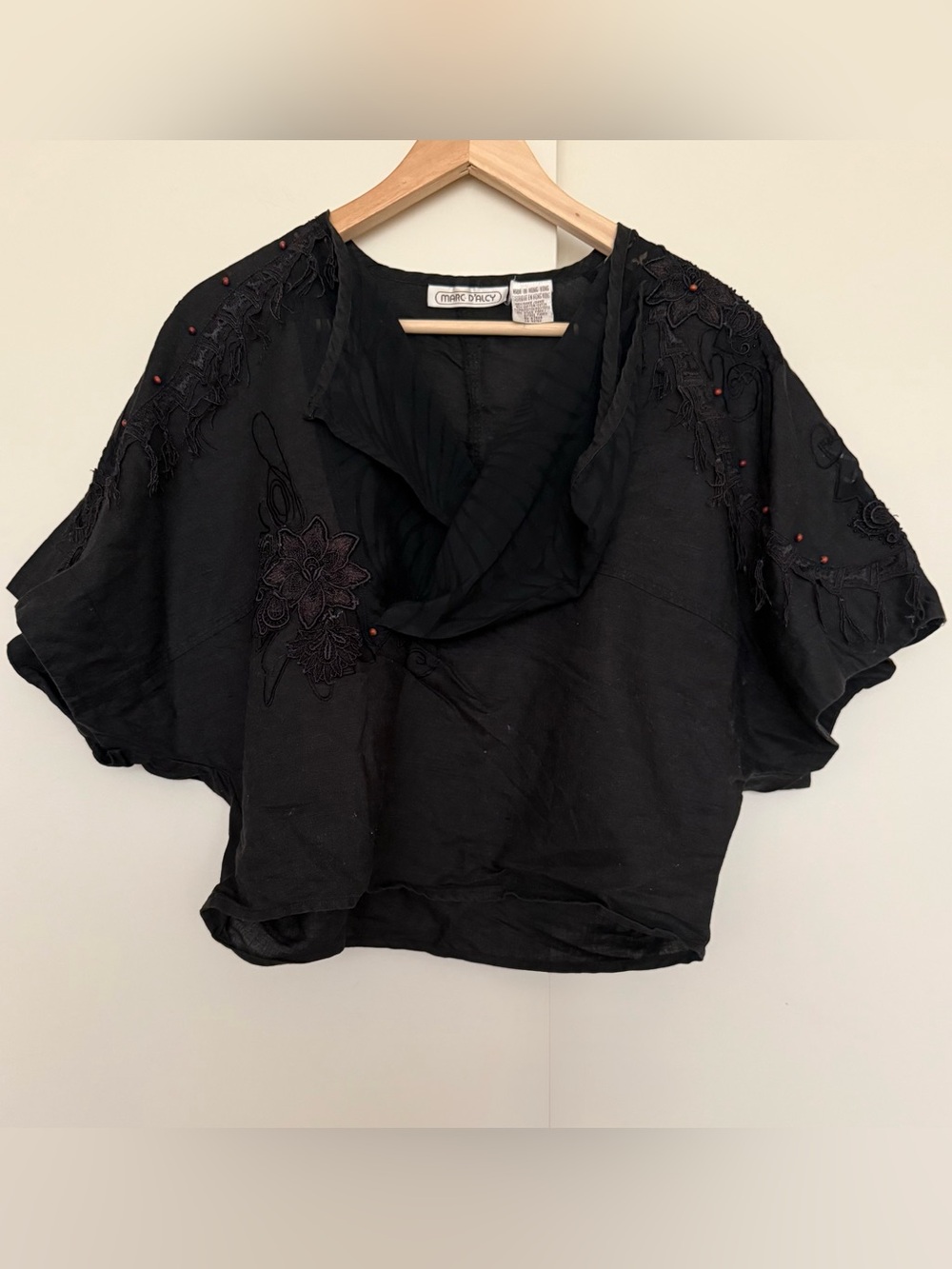 Vintage Whimsigoth Ramie Cotton Black Fringe Beaded V Wrap Top Avant Garde M 90s
